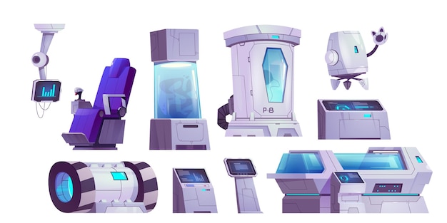 Futuristic cryogen capsule laboratory isolated set