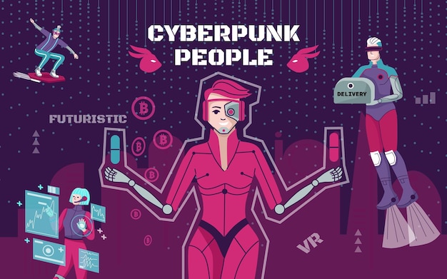 Free vector futuristic cyberpunk people flat collage with human persons using digital technologies in daily life and work vector illustration