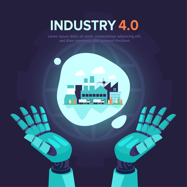Футуристическая иллюстрация Индустрии 4.0 с роботом-помощником