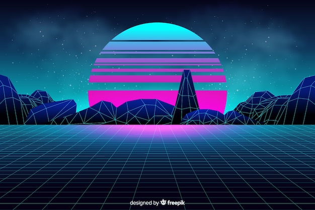 Free vector futuristic landscape background in retro style