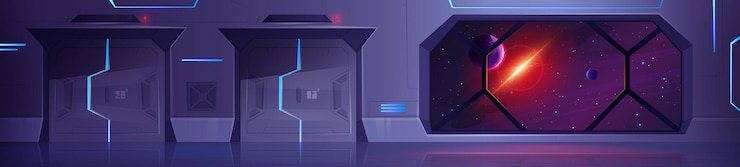 Free Vector futuristic metal spaceship interior with door and window background 2d digital shuttle inside with sliding gate and closed viewport alien spacecraft with hallway room indoor cartoon illustration