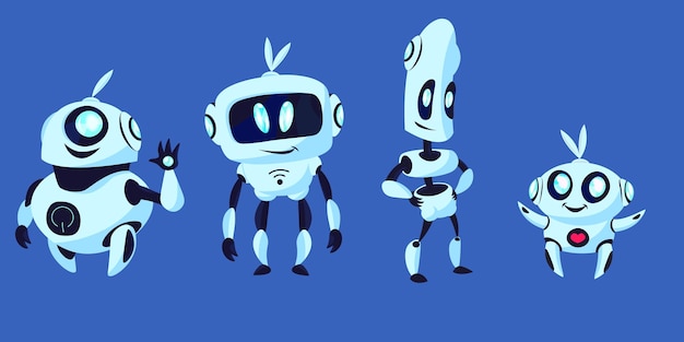 Futuristic robots collection. Humanoid, cyborg, helper isolated on blue background.