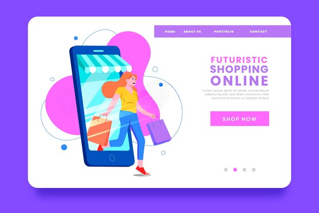 Futuristic shopping on mobile phone landing page