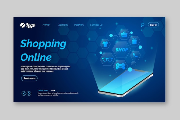 Pagina di destinazione online per lo shopping futuristico