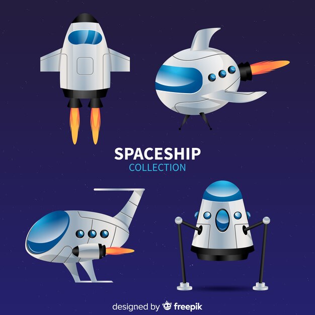 平らなデザインの未来の宇宙船コレクション