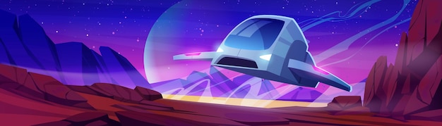 Free vector futuristic spaceship landing at alien planet