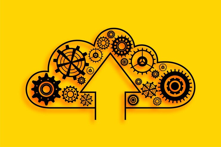 Free Vector futuristic tech cloud gear yellow background for internet connection