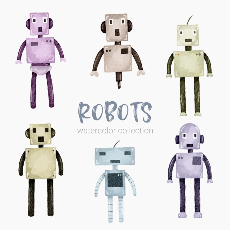 Free Vector futuristic watercolor cartoon humanoid robot set for stickers and emoji avatars