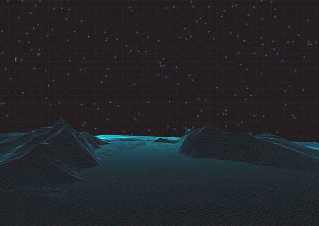 Futuristic wireframe landscape on grid