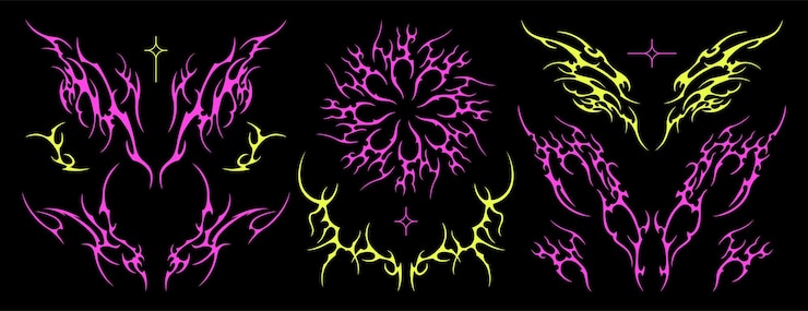 Free Vector futuristic y2k gothic tattoo stickers neo tribal acid goth ornaments cybersigilism elements