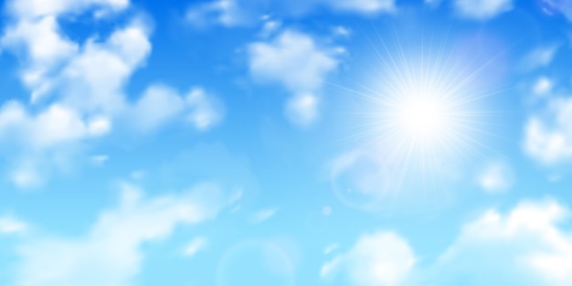 Fuzzy sun rays through scattered clouds on gradient blue sky realistic background 