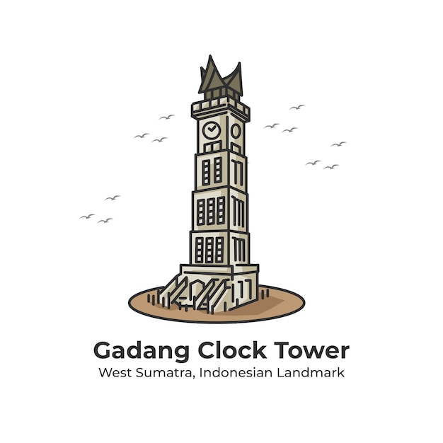 ガダン時計塔インドネシアのランドマークかわいいラインイラスト プレミアムベクター