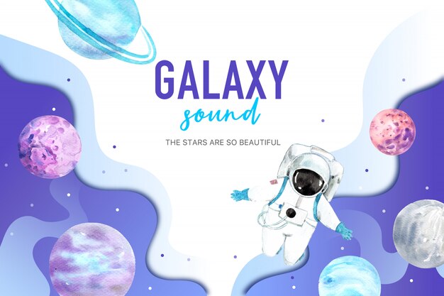 Galaxy  astronaut and planet watercolor illustration. 