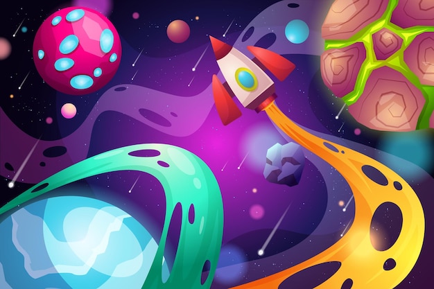 Galaxy background with colorful planets and rocket template