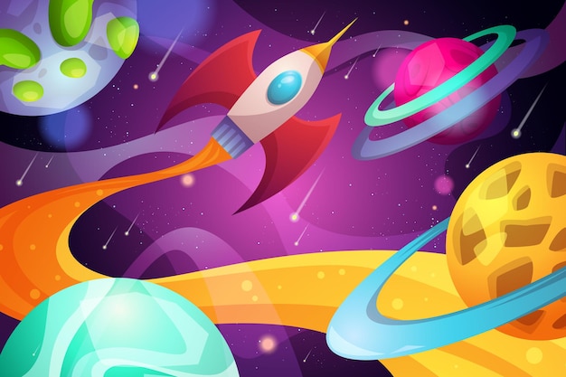 Galaxy background with colorful planets and rocket template