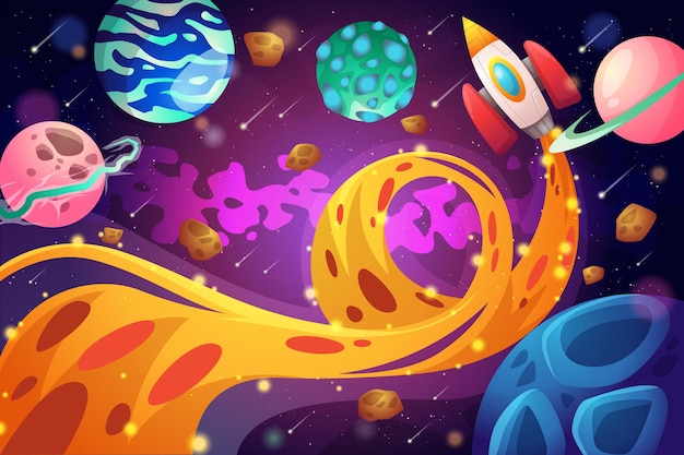 Free vector galaxy background with colorful planets and rocket template