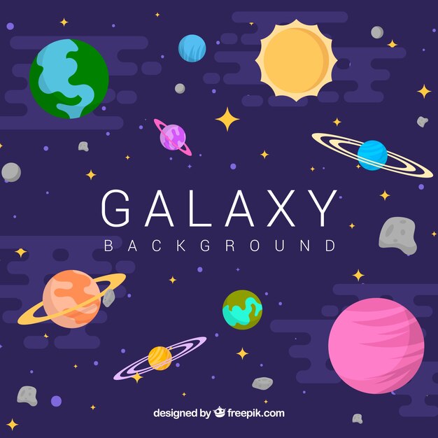 Galaxy background with planets in flat design