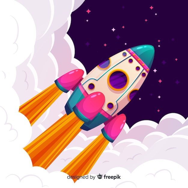 Free vector galaxy background with rocket taking off