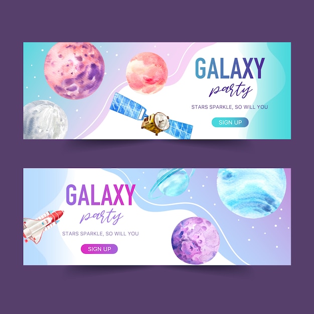 Free vector galaxy banner design with satellite, rocket, planet watercolor illustration.