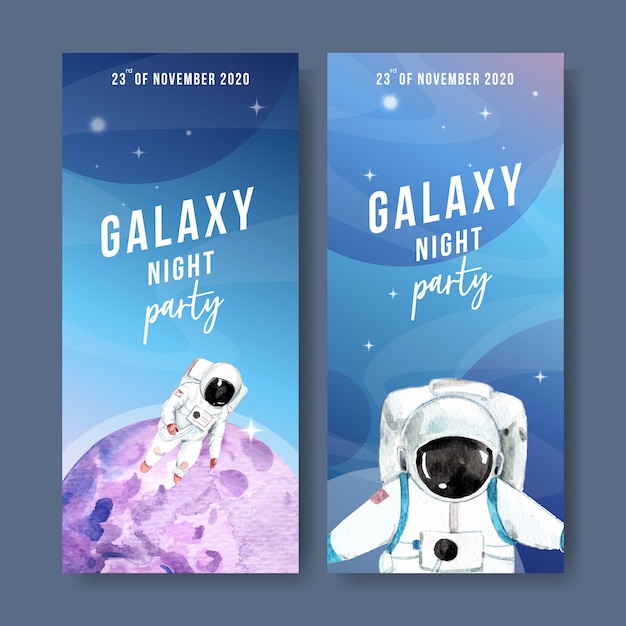 Galaxy banner with astronaut, planet watercolor illustration.