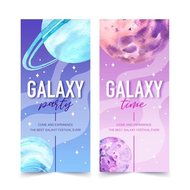 Free vector galaxy banner with planets watercolor illustration.