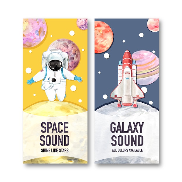 Free vector galaxy banner with spaceman, planet, rocket watercolor illustration.