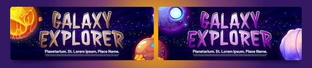 Galaxy explorer cartoon banners with space planets