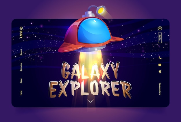 Galaxy explorer cartoon landing page with ufo