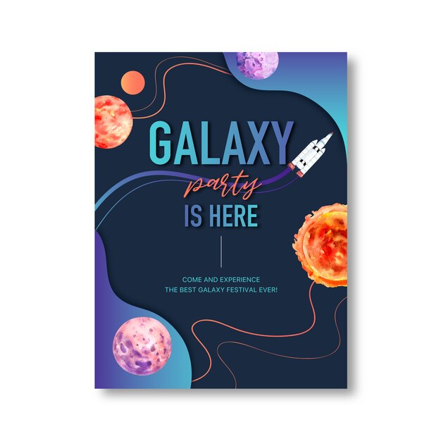 Free vector galaxy poster design with planets, sun, rocket watercolor illustration.