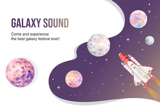 Free vector galaxy  rocket, planets watercolor illustration.