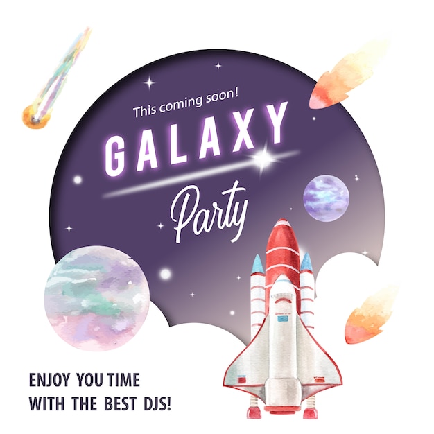 Galaxy social media post with rocket, asteroid, planet watercolor illustration.