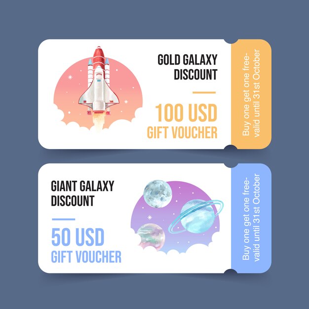 Galaxy ticket template with rocket, planets watercolor illustration. 