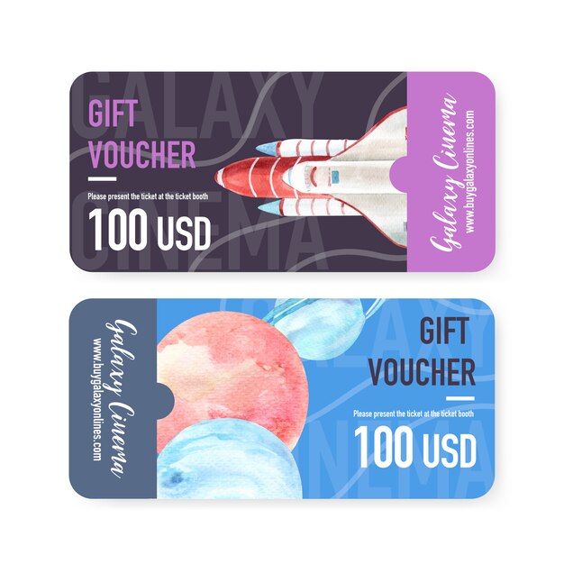 Galaxy ticket template with rocket, planets watercolor illustration.