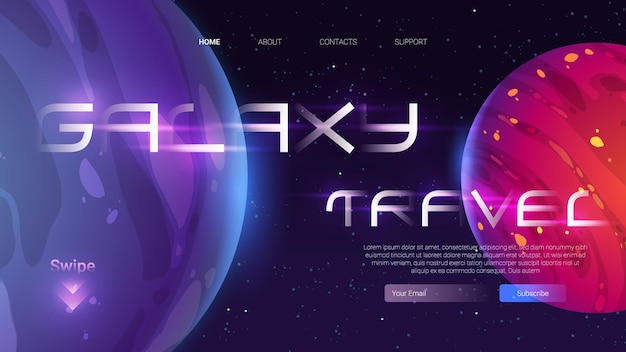 Galaxy travel cartoon landing page template with planets