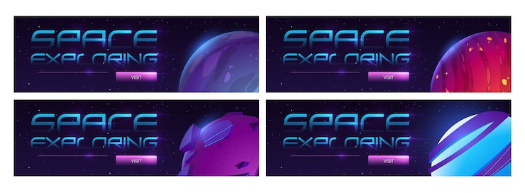 Free Vector galaxy travel cartoon web banner with planets in outer space.