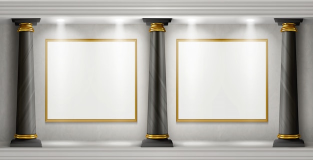 Free vector gallery interior with columns and blank paintings