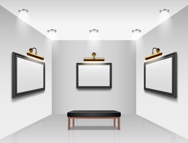 Free vector gallery realistic interiors mockup with blank picture frames vector illustration