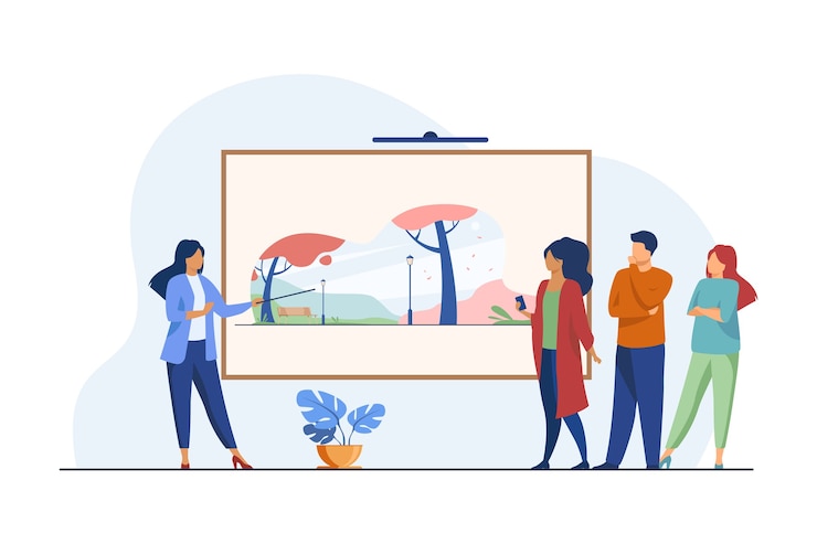 無料Vector アートワークを見ているギャラリーの訪問者。画像フラットベクトルイラストについて語る博物館ガイド。アートギャラリー、文化、展示会