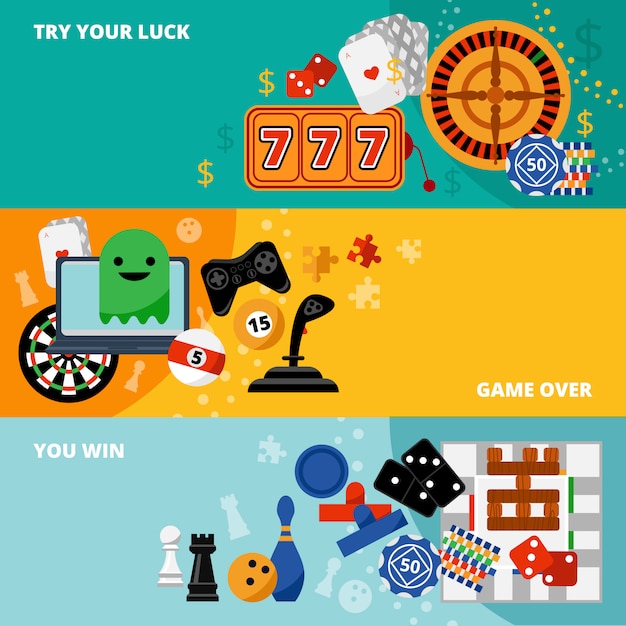 Free vector gambling games flat banners set