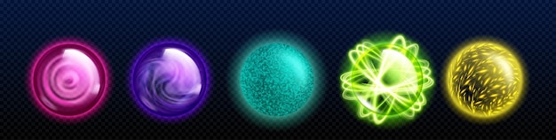 Vettore gratuito gioco di asset of fantasy sfera incandescente con potere magico realistico set di illustrazioni vettoriali di palline luminose colorate di streghe o maghi globo di vetro energetico con plasma luminoso con effetto di luce al neon