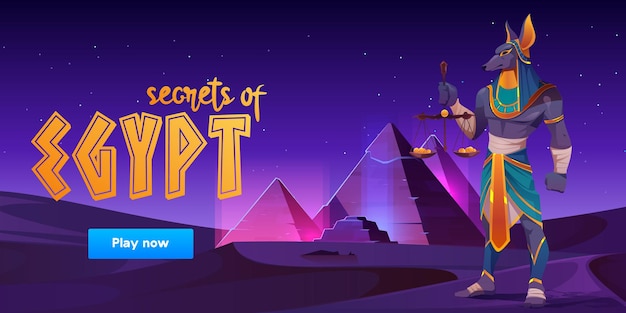 Free vector game banner about secrets of egypt with anubis and pyramids on desert landscape.