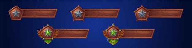 Game banners with star badges wooden title bar