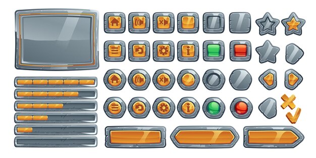 Game buttons, cartoon interface of stone, metal and gold texture.