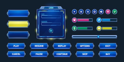 Game buttons and frames in sci fi style design elements menu and assets for user interface vector ca...