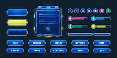 Free vector game buttons and frames in sci fi style design elements menu and assets for user interface vector ca...