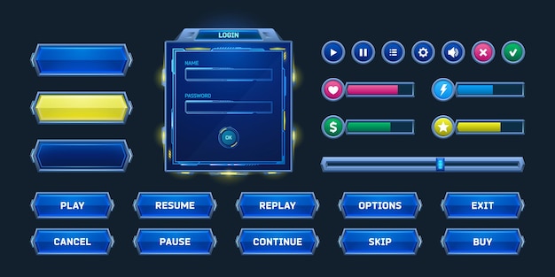 Game buttons and frames in sci fi style design elements menu and assets for user interface vector ca...