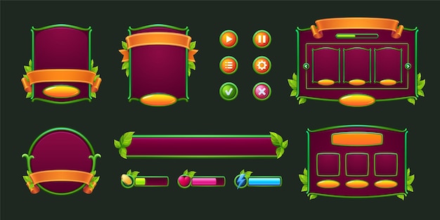 Free vector game buttons and frames with green borders and leaves design elements and assets with plants for use...