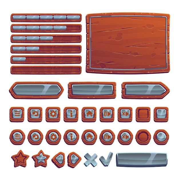 Free vector game buttons of wood and stone, gamer interface