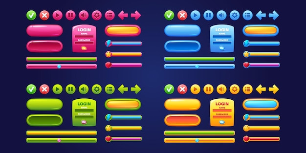 Free vector game design interface with glossy buttons and panels vector cartoon set of ui elements different colors circle buttons with icons bars sliders arrows and login frame