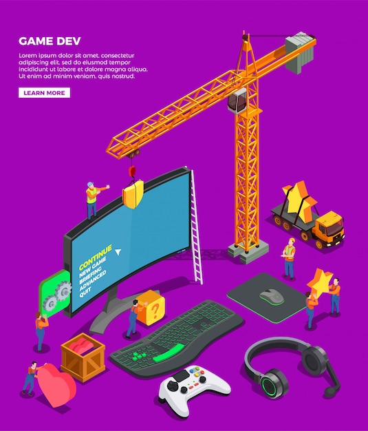 Game development isometric composition with big screen keyboard joystick for video game headphones and crane as symbol of game industry